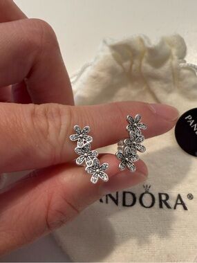 Pandora Silver Daisy Floral Ear Climbers w/ Cubic Zirconia
